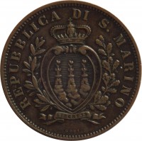 obverse of 10 Centesimi (1875 - 1894) coin with KM# 2 from San Marino. Inscription: REPUBBLICA DI S. MARINO LIBERTAS