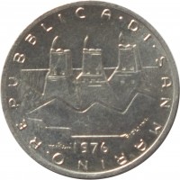 obverse of 1 Lira - Family: Hands with Flags (1976) coin with KM# 51 from San Marino. Inscription: REPUBBLICA · DI · SAN · MARINO · 1976