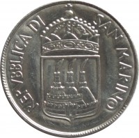 obverse of 2 Lire (1973) coin with KM# 23 from San Marino. Inscription: REPVBBLICA DI SAN MARINO