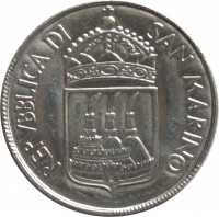 San Marino coin 2 Lire (1973) obverse obverse of 2 Lire (1973) coin with KM# 23 from San Marino. Inscription: REPVBBLICA DI SAN MARINO