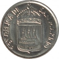 San Marino coin 5 Lire (1973) obverse obverse of 5 Lire (1973) coin with KM# 24 from San Marino. Inscription: REPVBBLICA DI SAN MARINO