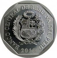 Peru coin 1 Sol - Peru edangered Fauna: Jaguar (2018) obverse obverse of 1 Sol - Peru edangered Fauna: Jaguar (2018) coin from Peru. Inscription: BANCO CENTRAL DE RESERVA DEL PERÚ 2018