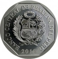 obverse of 1 Sol - Peru edangered Fauna: Jaguar (2018) coin from Peru. Inscription: BANCO CENTRAL DE RESERVA DEL PERÚ 2018