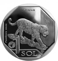 Peru coin 1 Sol - Peru edangered Fauna: Jaguar (2018) reverse reverse of 1 Sol - Peru edangered Fauna: Jaguar (2018) coin from Peru. Inscription: JAGUAR Panthera onca 1 SOL