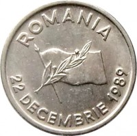 obverse of 10 Lei - Revolution Anniversary (1990 - 1992) coin with KM# 108 from Romania. Inscription: ROMANIA 22 DECEMBRIE 1989