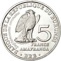 reverse of 5 Francs - African Crowned Eagle (2014) coin with KM# 25 from Burundi. Inscription: BANQUE DE LA REPUBLIQUE DU BURUNDI Stephnoaetus coronatus 5 FRANCS AMAFRANGA · BRB ·