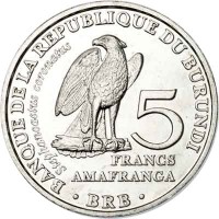 Burundi coin 5 Francs - African Crowned Eagle (2014) reverse reverse of 5 Francs - African Crowned Eagle (2014) coin with KM# 25 from Burundi. Inscription: BANQUE DE LA REPUBLIQUE DU BURUNDI Stephnoaetus coronatus 5 FRANCS AMAFRANGA · BRB ·