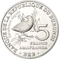 Burundi coin 5 Francs - Buff-Spotted Flufftail (2014) reverse reverse of 5 Francs - Buff-Spotted Flufftail (2014) coin with KM# 26 from Burundi. Inscription: BANQUE DE LA REPUBLIQUE DU BURUNDI Sarothrura elegans 5 FRANCS AMAFRANGA · BRB ·