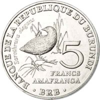 reverse of 5 Francs - Buff-Spotted Flufftail (2014) coin with KM# 26 from Burundi. Inscription: BANQUE DE LA REPUBLIQUE DU BURUNDI Sarothrura elegans 5 FRANCS AMAFRANGA · BRB ·