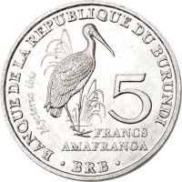 reverse of 5 Francs - Yellow-Billed Stork (2014) coin with KM# 27 from Burundi. Inscription: BANQUE DE LA REPUBLIQUE DU BURUNDI Mycteria ibis 5 FRANCS AMAFRANGA · BRB ·