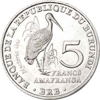 Burundi coin 5 Francs - Yellow-Billed Stork (2014) reverse reverse of 5 Francs - Yellow-Billed Stork (2014) coin with KM# 27 from Burundi. Inscription: BANQUE DE LA REPUBLIQUE DU BURUNDI Mycteria ibis 5 FRANCS AMAFRANGA · BRB ·