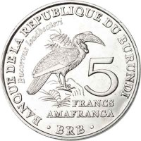 reverse of 5 Francs - Southern Ground Hornbill (2014) coin with KM# 29 from Burundi. Inscription: BANQUE DE LA REPUBLIQUE DU BURUNDI Bucorvus leadbeateri 5 FRANCS AMAFRANGA · BRB ·