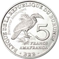 Burundi coin 5 Francs - Southern Ground Hornbill (2014) reverse reverse of 5 Francs - Southern Ground Hornbill (2014) coin with KM# 29 from Burundi. Inscription: BANQUE DE LA REPUBLIQUE DU BURUNDI Bucorvus leadbeateri 5 FRANCS AMAFRANGA · BRB ·