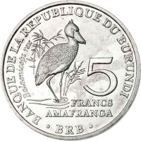 reverse of 5 Francs - Shoe-Billed Stork (2014) coin with KM# 30 from Burundi. Inscription: BANQUE DE LA REPUBLIQUE DU BURUNDI Balaeniceps rex 5 FRANCS AMAFRANGA · BRB ·