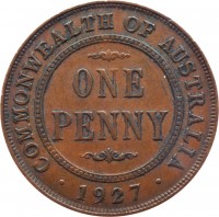 Australia coin 1 Penny - George V (1911 - 1936) reverse reverse of 1 Penny - George V (1911 - 1936) coin with KM# 23 from Australia. Inscription: COMMONWEALTH OF AUSTRALIA ONE PENNY · 1927 ·