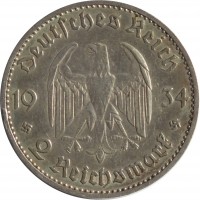 obverse of 2 Reichsmark - 1st Anniversary to Nazi Rule March 21, 1933 (1934) coin with KM# 81 from Germany. Inscription: Deutsches Reich 19 34 2 Reichsmark