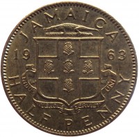 Jamaica coin 1/2 Penny - Elizabeth II - 1'st Portrait (1955 - 1963) reverse reverse of 1/2 Penny - Elizabeth II - 1'st Portrait (1955 - 1963) coin with KM# 36 from Jamaica. Inscription: JAMAICA 19 63 INDUS UTERQUE SERVIET UNI HALF PENNY