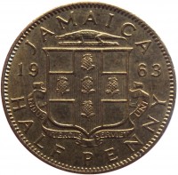 reverse of 1/2 Penny - Elizabeth II - 1'st Portrait (1955 - 1963) coin with KM# 36 from Jamaica. Inscription: JAMAICA 19 63 INDUS UTERQUE SERVIET UNI HALF PENNY