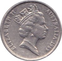 Australia coin 10 Cents - Elizabeth II (1985 - 1998) obverse obverse of 10 Cents - Elizabeth II (1985 - 1998) coin with KM# 81 from Australia. Inscription: ELIZABETH II AUSTRALIA 1989 RDM