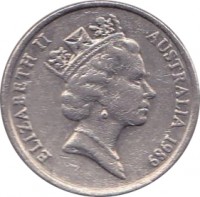 obverse of 10 Cents - Elizabeth II (1985 - 1998) coin with KM# 81 from Australia. Inscription: ELIZABETH II AUSTRALIA 1989 RDM