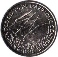 Central Africa (BEAC) coin 50 Francs (1976 - 2003) obverse obverse of 50 Francs (1976 - 2003) coin with KM# 11 from Central Africa (BEAC). Inscription: BANQUE DES ETATS DE L'AFRIQUE CENTRALE 1996