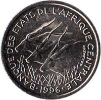 obverse of 50 Francs (1976 - 2003) coin with KM# 11 from Central Africa (BEAC). Inscription: BANQUE DES ETATS DE L'AFRIQUE CENTRALE 1996