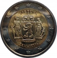 obverse of 2 Euro - Lithuanian Ethnographic Regions: Samogitia (2019) coin from Lithuania. Inscription: LIETUVA 2019 PATRIA UNA ŽEMAITIJA