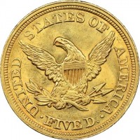 United States coin 5 Dollars - Coronet Head Eagle; Without motto (1840 - 1866) reverse reverse of 5 Dollars - Coronet Head Eagle; Without motto (1840 - 1866) coin with KM# 69 from United States. Inscription: UNITED STATES OF AMERICA FIVE D.