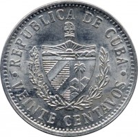 Cuba coin 20 Centavos (1969 - 2009) obverse obverse of 20 Centavos (1969 - 2009) coin with KM# 35 from Cuba. Inscription: REPUBLICA DE CUBA · VEINTE CENTAVOS ·