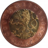obverse of 50 Korun (1993 - 2017) coin with KM# 1 from Czech Republic. Inscription: ČESKÁ REPUBLIKA 2012 50 Kč