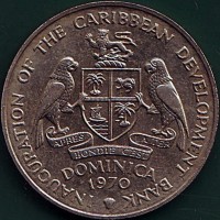 Dominica coin 4 Dollars - Elizabeth II - FAO: Inauguration of the Caribbean Development Bank (1970) obverse obverse of 4 Dollars - Elizabeth II - FAO: Inauguration of the Caribbean Development Bank (1970) coin with KM# 11 from Dominica. Inscription: INAUGURATION OF THE CARIBBEAN DEVELOPMENT BANK DOMINICA 1970