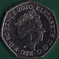 obverse of 50 Pence - Elizabeth II - Brexit - 5th Portrait (2020) coin from United Kingdom. Inscription: ELIZABETH II · D · G · REG · F · D · 50 PENCE · 2020 · J.C