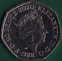 United Kingdom coin 50 Pence - Elizabeth II - Brexit - 5th Portrait (2020) obverse obverse of 50 Pence - Elizabeth II - Brexit - 5th Portrait (2020) coin from United Kingdom. Inscription: ELIZABETH II · D · G · REG · F · D · 50 PENCE · 2020 · J.C