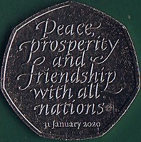 reverse of 50 Pence - Elizabeth II - Brexit - 5th Portrait (2020) coin from United Kingdom. Inscription: Peace, Prosperity and Friendship with all nations 31 January 2020