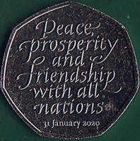 United Kingdom coin 50 Pence - Elizabeth II - Brexit - 5th Portrait (2020) reverse reverse of 50 Pence - Elizabeth II - Brexit - 5th Portrait (2020) coin from United Kingdom. Inscription: Peace, Prosperity and Friendship with all nations 31 January 2020
