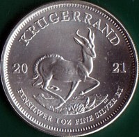 South Africa coin 1 Krugerrand (2018 - 2021) reverse reverse of 1 Krugerrand (2018 - 2021) coin from South Africa. Inscription: KRUGERRAND 20 21 FYNSILWER 1 OZ FINE SILVER R1