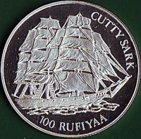 Maldives coin 100 Rufiyaa - Cutty Sark (1993) reverse reverse of 100 Rufiyaa - Cutty Sark (1993) coin with KM# 87 from Maldives. Inscription: CUTTY SARK 100 RUFIYAA