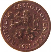 obverse of 10 Haléřů (1922 - 1938) coin with KM# 3 from Czechoslovakia. Inscription: REPUBLIKA ČESKOSLOVENSKÁ 1927