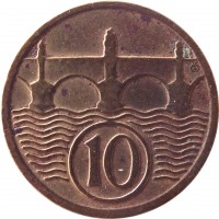 reverse of 10 Haléřů (1922 - 1938) coin with KM# 3 from Czechoslovakia. Inscription: 10