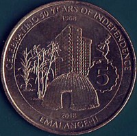 Swaziland coin 5 Emalangeni - Mswati III - 50 Years of Independence. (2018) reverse reverse of 5 Emalangeni - Mswati III - 50 Years of Independence. (2018) coin from Swaziland. Inscription: CELEBRATING 50 YEARS OF INDEPENDENCE 5 2018 EMALANGENI