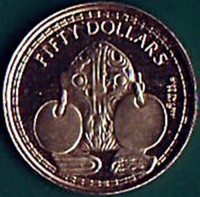 British Virgin Islands coin 50 Dollars - Elizabeth II - Treasures of Pre-Columbian Cultures: Frog (1988) reverse reverse of 50 Dollars - Elizabeth II - Treasures of Pre-Columbian Cultures: Frog (1988) coin with KM# 81 from British Virgin Islands. Inscription: FIFTY DOLLARS