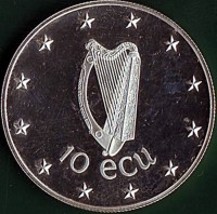 obverse of 10 ECU - EEC Council Meeting in Dublin (1990) coin with X# 2 from Ireland. Inscription: 10 ecu