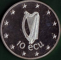 Ireland coin 10 ECU - EEC Council Meeting in Dublin (1990) obverse obverse of 10 ECU - EEC Council Meeting in Dublin (1990) coin with X# 2 from Ireland. Inscription: 10 ecu