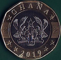 obverse of 2 Cedis (2019) coin from Ghana. Inscription: GHANA 2019