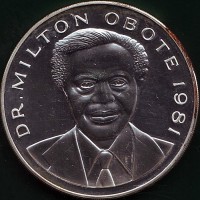 obverse of 500 Shillings - Dr. Milton Obote (1981) coin with KM# 23 from Uganda. Inscription: DR. MILTON OBOTE 1981