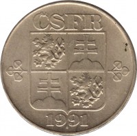 obverse of 2 Koruny (1991 - 1992) coin with KM# 148 from Czechoslovakia. Inscription: ČSFR 1991