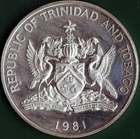 obverse of 10 Dollars - 5 Years of the Republic (1981) coin with KM# 40 from Trinidad and Tobago. Inscription: REPUBLIC OF TRINIDAD AND TOBAGO FM 1981