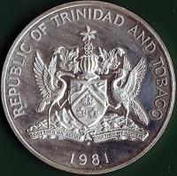 Trinidad and Tobago coin 10 Dollars - 5 Years of the Republic (1981) obverse obverse of 10 Dollars - 5 Years of the Republic (1981) coin with KM# 40 from Trinidad and Tobago. Inscription: REPUBLIC OF TRINIDAD AND TOBAGO FM 1981