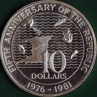 Trinidad and Tobago coin 10 Dollars - 5 Years of the Republic (1981) reverse reverse of 10 Dollars - 5 Years of the Republic (1981) coin with KM# 40 from Trinidad and Tobago. Inscription: FIFTH ANNIVERSARY OF THE REPUBLIC 10 DOLLARS 1976 - 1981