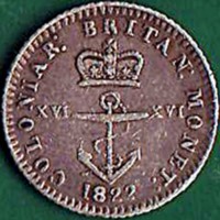 British West Indies coin 1/16 Dollar - George IV (1820 - 1822) reverse reverse of 1/16 Dollar - George IV (1820 - 1822) coin with KM# 1 from British West Indies. Inscription: COLONIAR: BRITAN: MONET: XVI XVI 1822